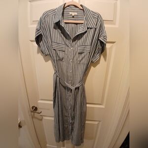 Max Studio Blue and White Vertical-Strip Shirt Midi Dress